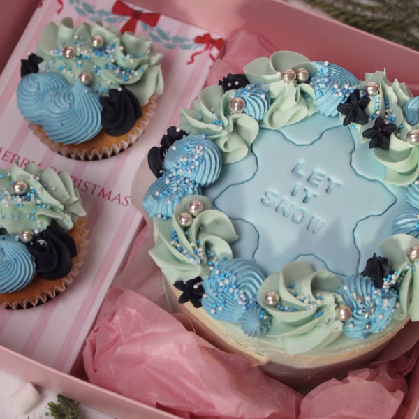 Let It Snow Blue Bento Cake with 2 Cupcakes