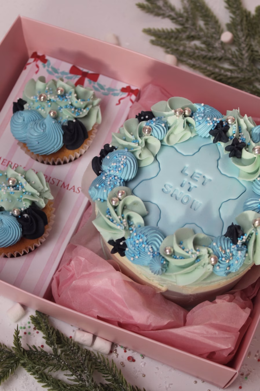Let It Snow Blue Bento Cake with 2 Cupcakes