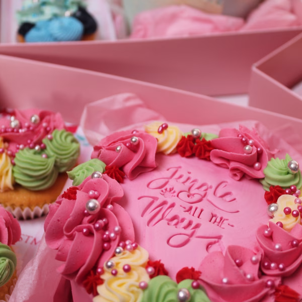 Jingle All The Way Pink Bento Cake with 2 Cupcakes